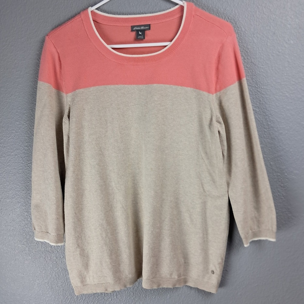 Eddie Bauer Women's Color Block Sweater Large 3/4 Sleeve Crew Neck Pullover Knit